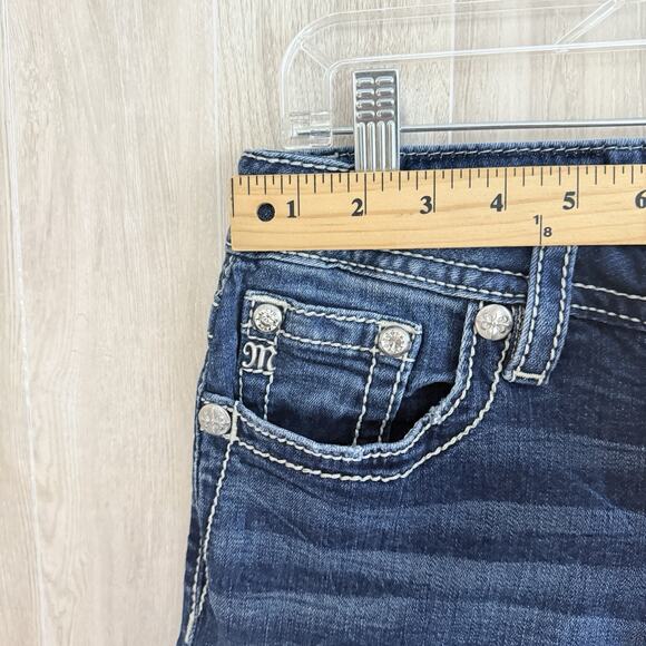 Miss Me Jeans Women 29 Floral Swirl Horseshoe Bling Pocket Mid Rise Boot Cut - Picture 14 of 16